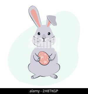 Easter bunny holding Easter egg. Happin Easter banner vector illustration Stock Vector