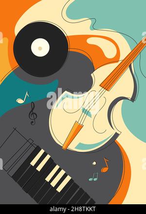 Poster with violin and piano. Placard design in doodle style. Stock Vector