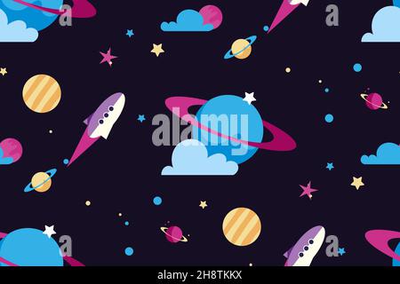 Seamless pattern with planets and spaceships. Texture with space objects in flat style. Stock Vector