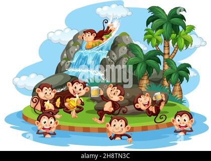 Isolated island with many monkeys cartoon illustration Stock Vector ...