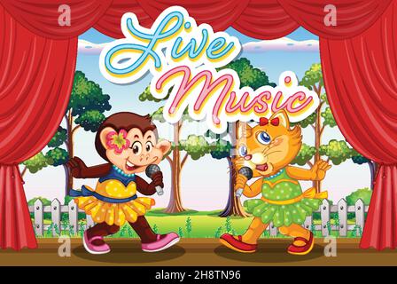 Cat and monkey performing singing on stage illustration Stock Vector