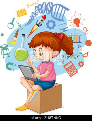 Young girl using tablet with education icons illustration Stock Vector