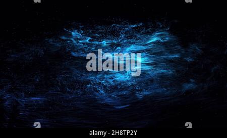 Digital animation of briefcase icon decaying into multicolored moving plexus networks on black background. animation. Technology, business and interne Stock Photo
