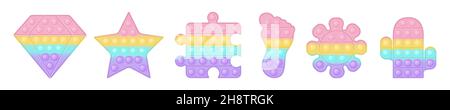 Set of various forms pop it a fashionable rainbow fidget toys. Addictive anti stress toy in pastel colors. Bubble sensory trendy popit for kids. Vecto Stock Vector
