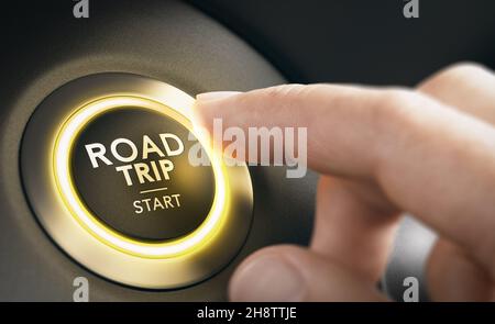 Finger pressing a car button with the text road trip start. Roadtrip concept. Composite image between a hand photography and a 3D background. Stock Photo