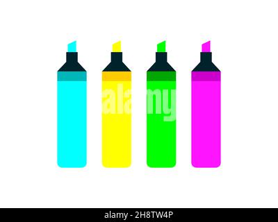 Fluorescent green, blue, yellow, pink marker pen. Highlighters set. Colorful Office supplies. Learning school tools. Broad tip. Vector illustration. Stock Vector