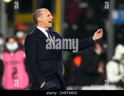 SALERNO, ITALY - NOVEMBER 30: Massimiliano Allegri Head Coach of Juventus reacts ,during the Serie A match between US Salernitana v Juventus at Stadio Arechi on November 30, 2021 in Salerno, Italy. (Photo by MB Media) Stock Photo