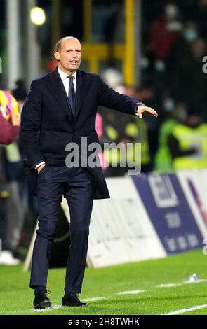 SALERNO, ITALY - NOVEMBER 30: Massimiliano Allegri Head Coach of Juventus Reacts ,during the Serie A match between US Salernitana v Juventus at Stadio Arechi on November 30, 2021 in Salerno, Italy. (Photo by MB Media) Stock Photo