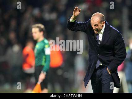 SALERNO, ITALY - NOVEMBER 30: Massimiliano Allegri Head Coach of Juventus reacts ,during the Serie A match between US Salernitana v Juventus at Stadio Arechi on November 30, 2021 in Salerno, Italy. (Photo by MB Media) Stock Photo
