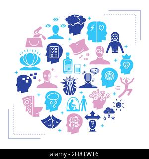 Mental illness round poster in flat style. Psychological problems and disorders banner. Vector illustration. Stock Vector