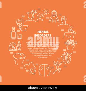 Mental disorders round frame poster in thin line style. Psychology problems and illnesses banner with place for text. Vector illustration. Stock Vector