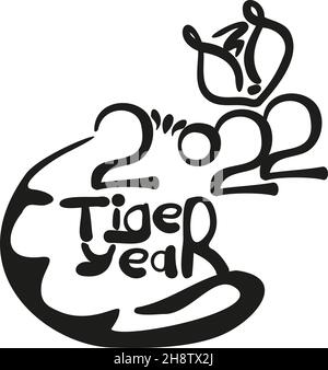 tiger of numbers 2022 in hand draw style. Lunar zodiac symbol of Year of Tiger. Chinese New Year 2022 Christmas logo Stock Vector