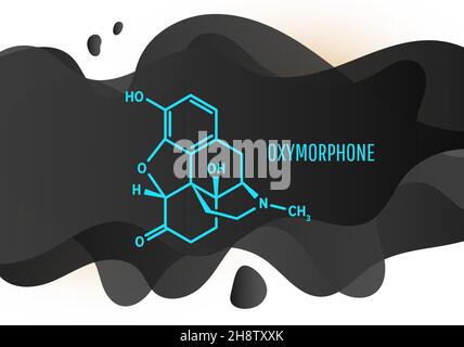 Oxymorphone opioid analgesic drug molecule, skeletal chemical formula with black liquid fluid shapes on white background, vector illustration Stock Vector