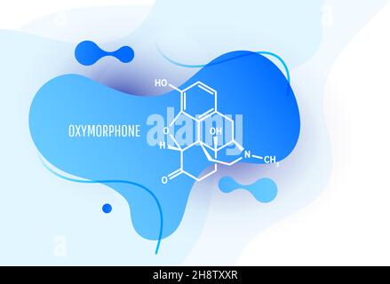 Oxymorphone opioid analgesic drug molecule, skeletal chemical formula with blue liquid fluid shapes on white background, vector illustration Stock Vector