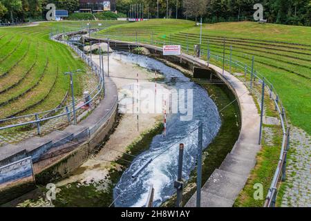 AUGSBURG, GERMANY - SEPTEMBER 16, 2016: Augsburg Eiskanal, artificial whitewater river in Augsburg, Germany. Stock Photo