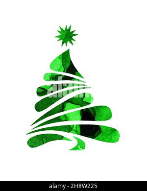 Watercolor painting Christmas tree green silhouette. Christmas tree for creating New Year and Christmas cards. Wood for design and creativity. Isolate Stock Photo