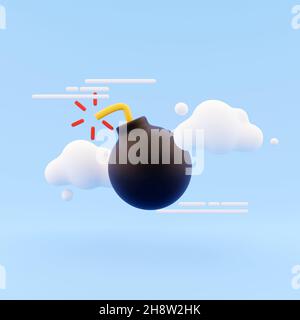 3D render bomb icon with cloud on blue background. 3D rendering bomb icon on abstract background. Stock Photo