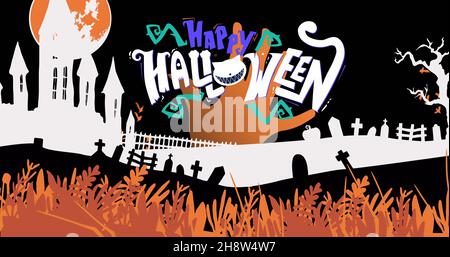 Digital image of happy halloween text banner against graveyard and castle on black background Stock Photo
