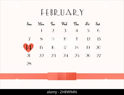 greeting card calendar for Valentine's Day Stock Vector