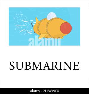 Yellow submarine with periscope swimming underwater. The research of the underwater world by using submarine. Cartoon vector illustration in flat styl Stock Vector