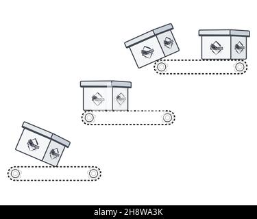 The cardboard box falls down the automatic tape. Vector illustration, white drawing Stock Vector