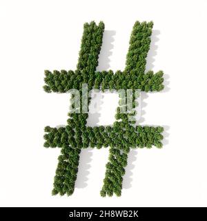 Concept or conceptual group of green forest tree isolated on white background, hashtag sign. 3d illustration metaphor  for nature, conservation, globa Stock Photo