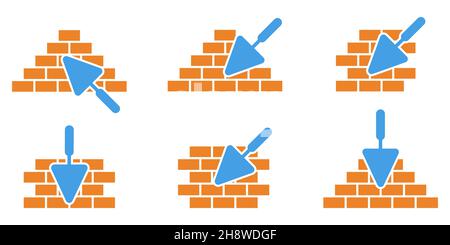 Brickwork icons set. Trowel and brick icon. Construction or repair symbol. Vector illustration. Brickwork and building trowel icon. Stock Vector