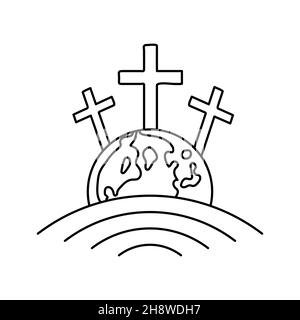 Earth globe icon with crucifixion of Jesus. Calvary icon. Abstract religious logo. Christian cross icon. Vector illustration. Linear symbol of church Stock Vector