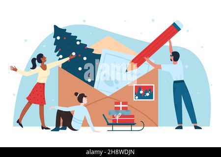 People greeting with Christmas and New Year in letter, winter holidays postcard vector illustration. Cartoon tiny man holding pencil to write mail message, Christmas tree, gifts in envelope with stamp Stock Vector