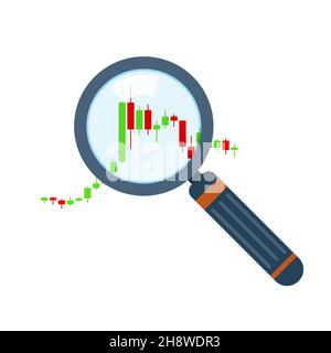 Business icon. Concept of financial analysis. Vector illustration. Financial candlestick chart with magnifier. Stock Vector