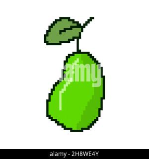 Pixel pear icon. Pear with leaf in pixel style. Vector illustration. Pixel art icon Stock Vector