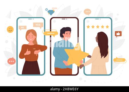 People customers provide review on screens of mobile phones vector illustration. Cartoon happy man client giving star of positive feedback to woman. Users appreciation, loyalty, online survey concept Stock Vector