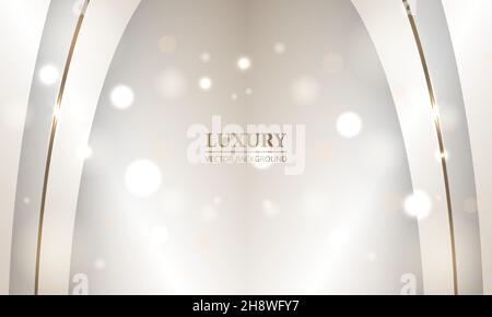 Abstract festive luxury elegant realistic beige background with gold line and bokeh light effect Stock Vector
