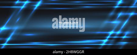 Dark wide abstract technology banner with blue neon lines. Futuristic technological background. Stock Vector