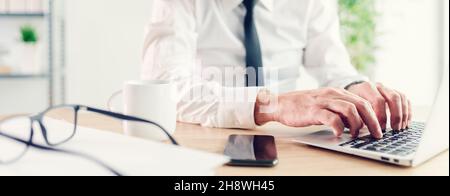 Panoramic shot of male businessman working on laptop computer in office, closeup of hands typing with selective focus Stock Photo