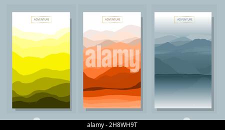 Vector abstract background set. Minimalistic style. Flat concept. Collection of 3 landscapes. Clouds by the water, autumn in the mountains,, the north Stock Vector