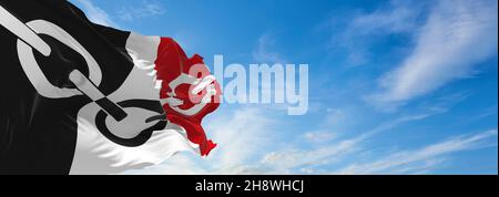 flag of Black Country  at cloudy sky background on sunset. panoramic view. united kingdom of great Britain, England. copy space for wide banner. 3d il Stock Photo