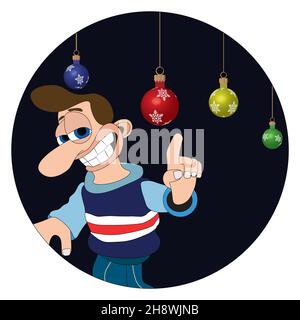 Man with a cheeky smile and big nose pointing at Christmas bulbs round sticker label Stock Vector