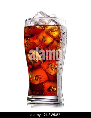 Cola with ice. Fresh cold sweet drink with ice cubes. Isolated on white background Stock Photo