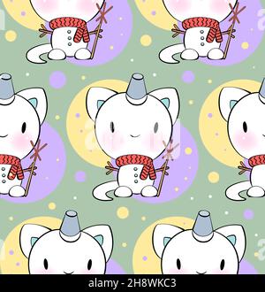 Seamless ornament with cute cat snowman in kawaii style. Vector pattern. Merry Christmas cats. Stock Vector