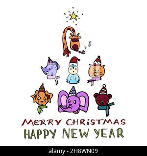 Set of isolated animals arranged in the shape of a Christmas tree with the inscription Christmas and New Year. Vivid portraits tiger, giraffe, dog Stock Vector