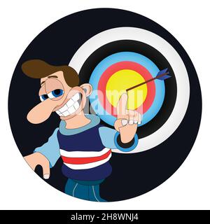 Man with a cheeky smile and big nose pointing at an arrow at the center of an archery board sticker label Stock Vector