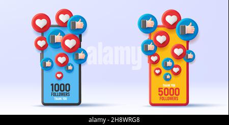 3d smartphone illustration with volume bubbles with like as thumb up and hearts with number of folloewers label on the screen, social media icon Stock Vector