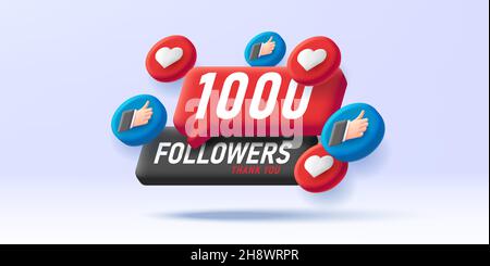 Social Media Counter with 1 thousand followers, digital icon badge with likes as hand with thumb up and hearts and speach bubble Stock Vector