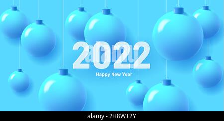 Christmas and new year background with 3d mono chrome balls on blue backdrop creation modern texture of Christmas decor with 2022 year Stock Vector