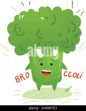 Happy smilling cute broccoli. Vector flat style cartoon character illustration icon design.Isolated on white background. Broccoli healthy food, good n Stock Vector