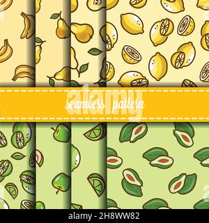 Seamless fruit backgrounds set- vector patterns with banana, pear, apple, lime. Funny fruit. Cute Seamless Patterns. Stock Vector
