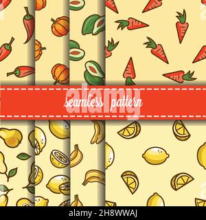 Seamless fruit and vegetables backgrounds set- vector patterns with lemon, pear, avocado, pepper, pumpkin, carrot, banana. Funny fruit. Cute Seamless Stock Vector