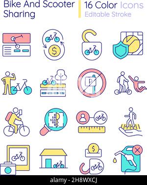 Bike and scooter sharing RGB color icons set Stock Vector