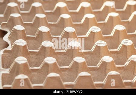 Protective cardboard packaging for storing eggs. Empty biodegradable molded egg box made of paper pulp. Stock Photo